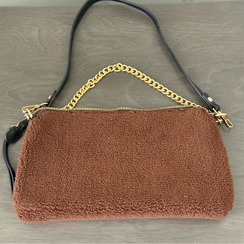 GROSSI Brown Faux Shearling w/ Gold Chain Shoulder Bag
